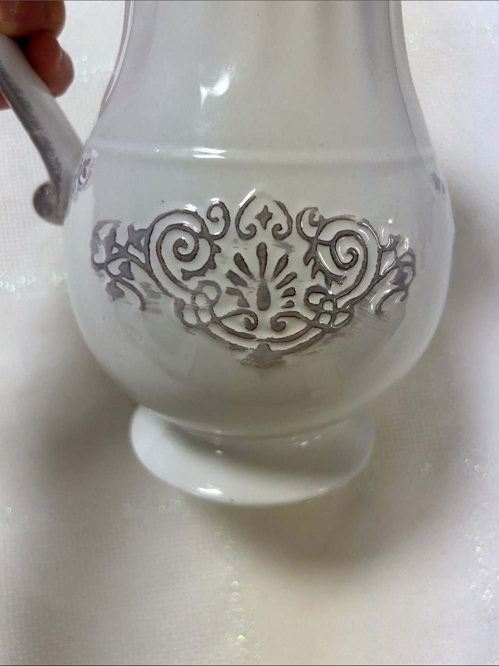 Classic White Ceramic Pitcher with Silver Scroll Accent image 5